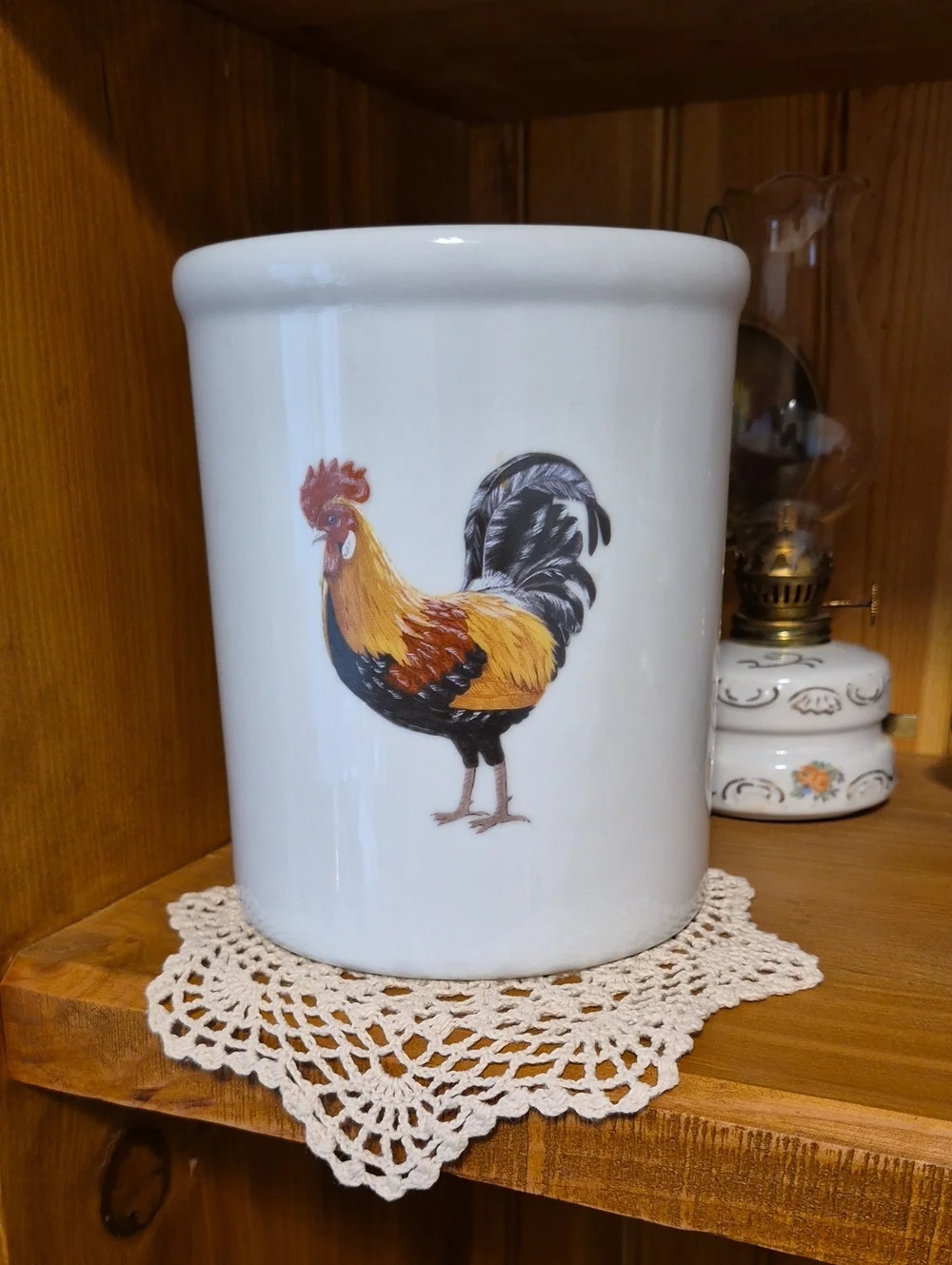 White Ceramic Crock with Rooster Motif